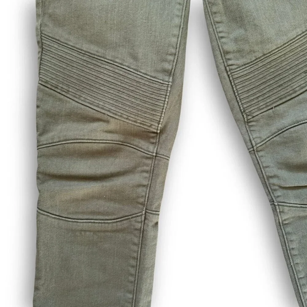 J. Crew Frankie Moto Style Skinny Stretch Denim Jeans in Olive Green Size 10